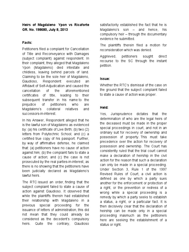 Heirs of Ypon vs. Ricaforte | PDF | Complaint | Lawsuit
