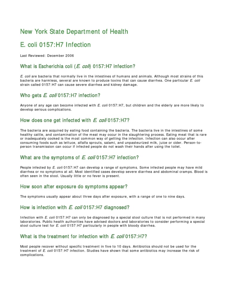 E. coli 0157:H7 Infection Overview | PDF | Wellness
