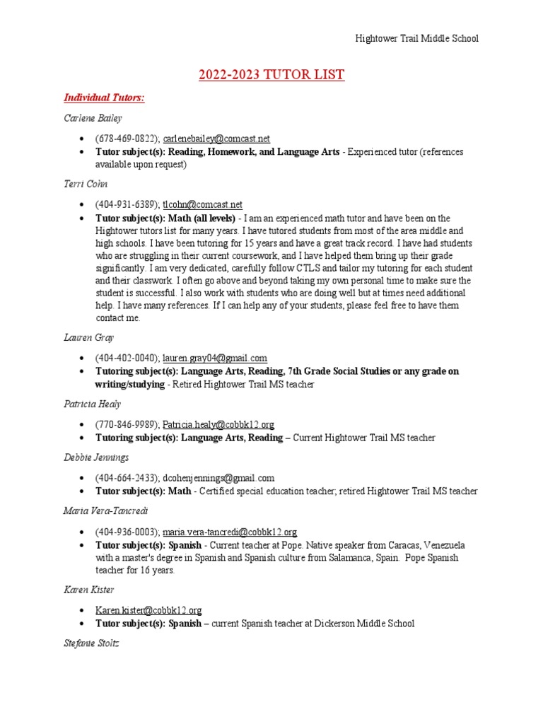 Hightower Trail MS Tutor List 2022-2023 | PDF | Cognition | Teaching