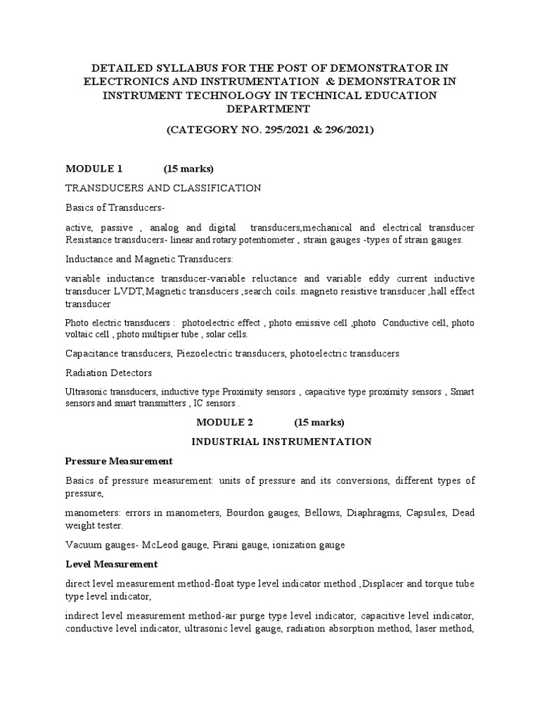 Syllabus demonstrator electronics instrumentation pdf