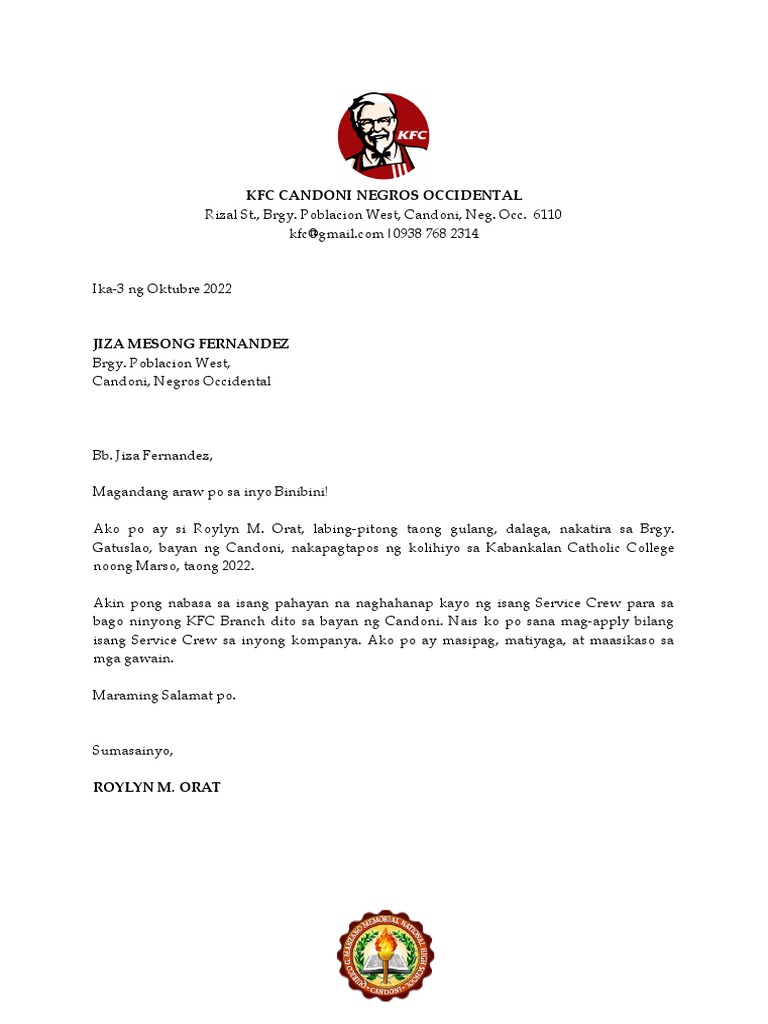 application letter for kfc