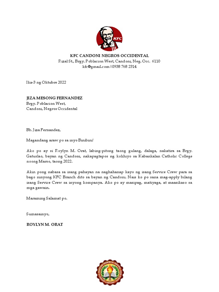 example of application letter for kfc