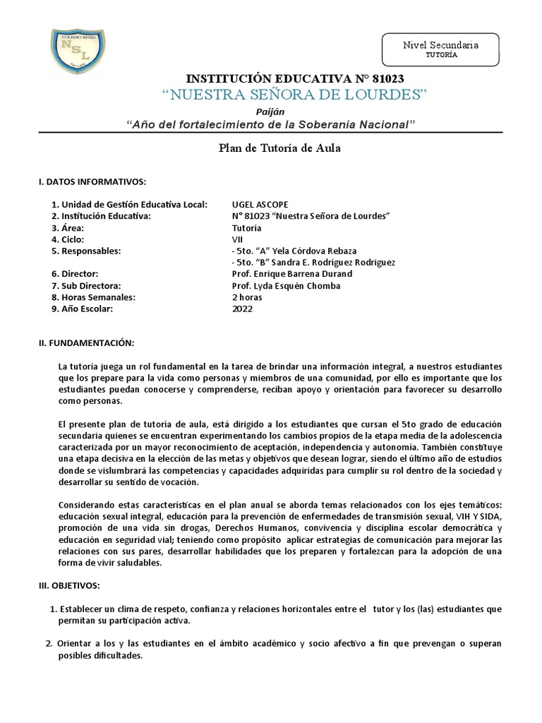 Plan de tutoria de aula 5 b 5 a pdf educaci n sexual evaluaci n