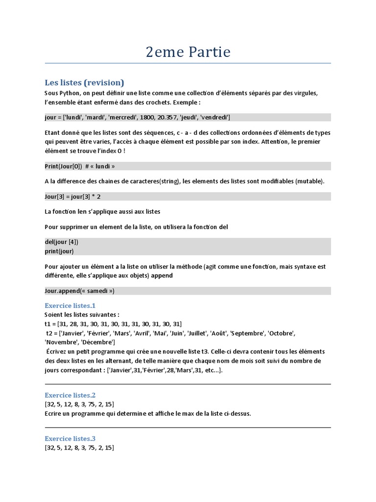 Introduction aux Listes, Tuples et Dictionnaires en Python | PDF ...
