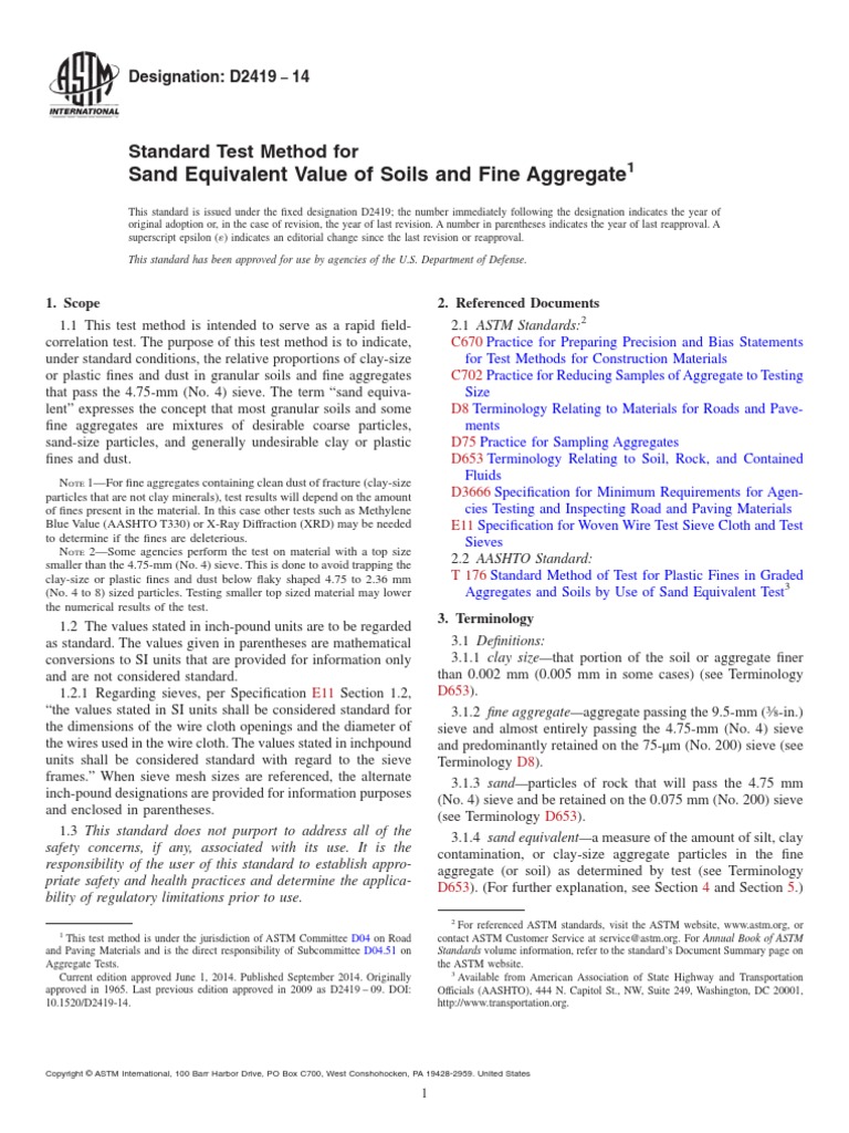 ASTM D 2419 Sand Equivalent Test | PDF | Construction Aggregate | Soil
