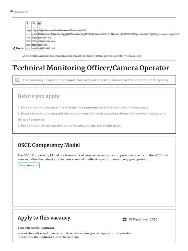 Technical Monitoring Officer Camera Operator OSCE Employment PDF