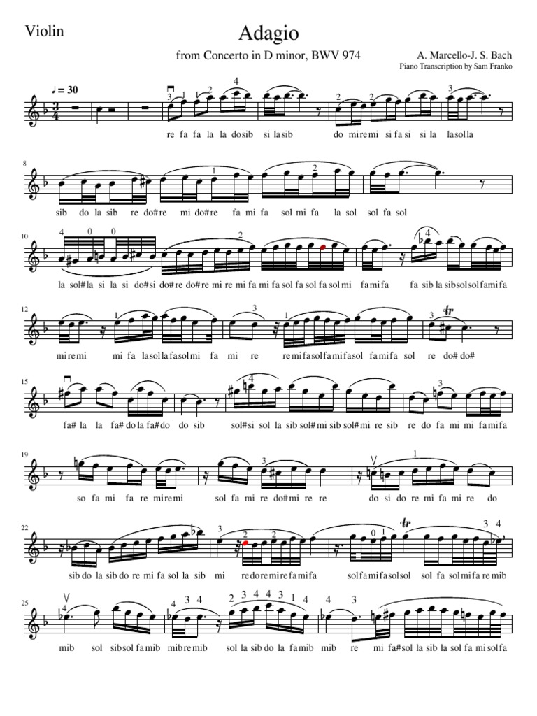 Adagio From Concerto in D Minor BWV 974 by A. MarcelloJ.S. Bach For Violin PDF Oboe