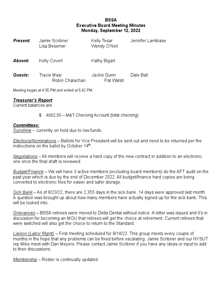 Bssa Meeting Minutes - September 2022 | PDF