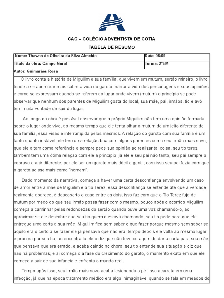 Resumo do livro Campo Geral de Guimarães Rosa PDF Família Amor