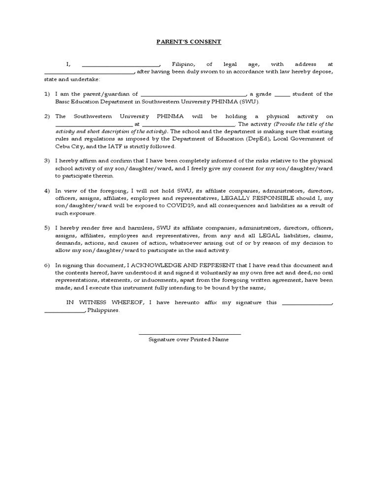 Parental Consent For Physical Activity | PDF