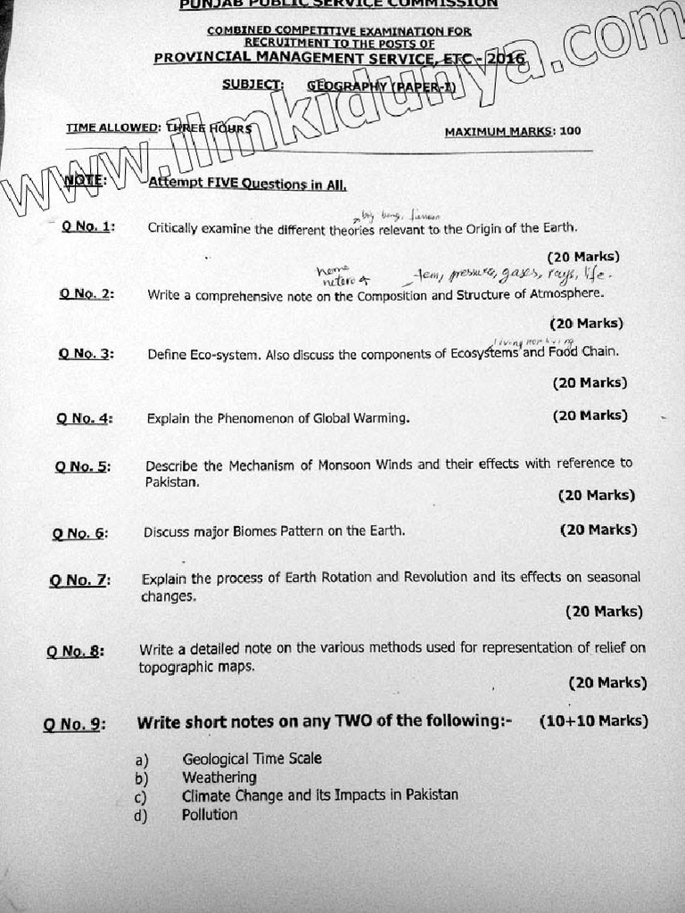 Pms Past Paper 2016 Geography Paper I Pdf