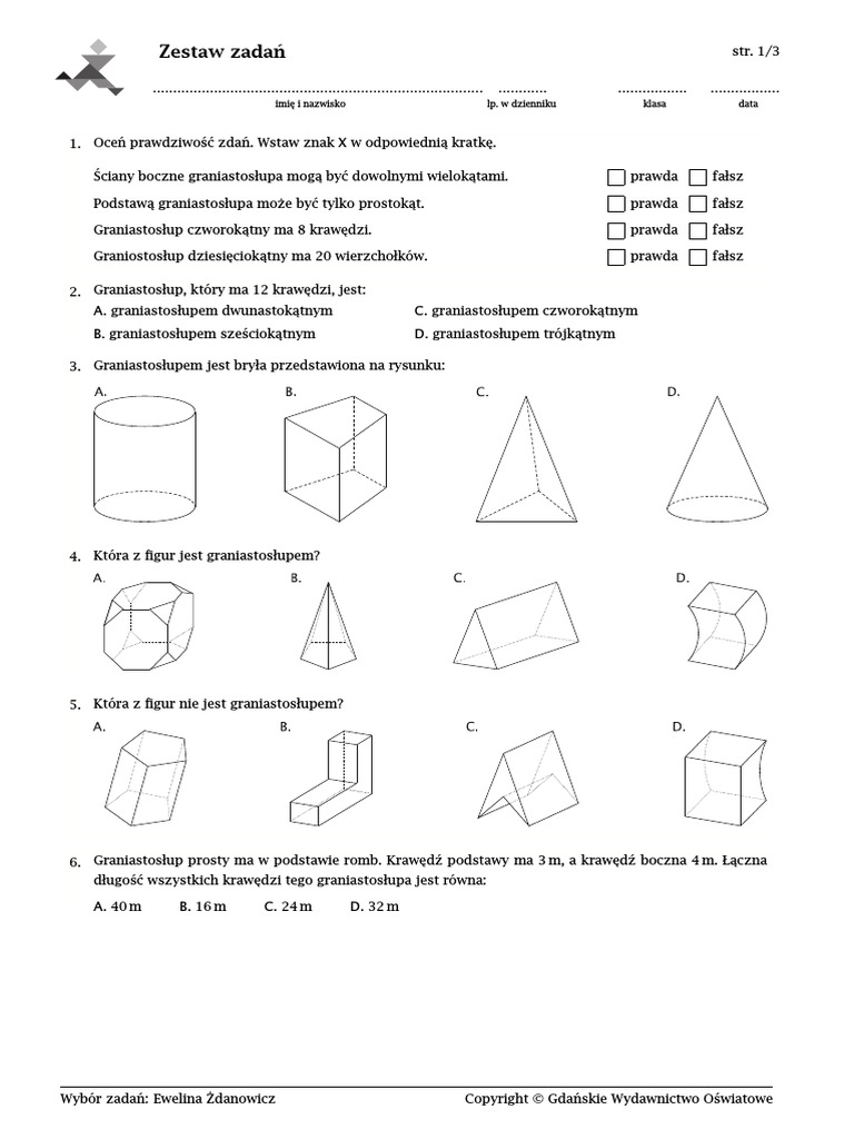Graniastosłupy I Ostrosłupy Sprawdzian Klasa 8 Pdf Gwo Graniastosłupy - Klasa - 7 | PDF