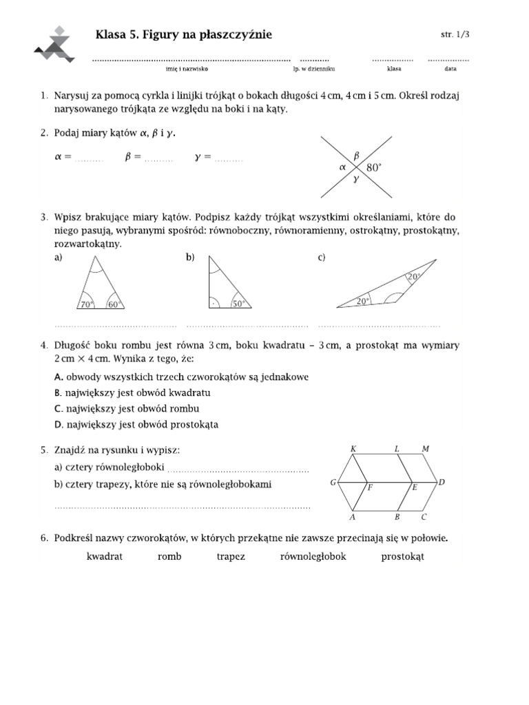 Sprawdzian Matematyka Klasa 8 Figury Na Płaszczyźnie Figury Na Płaszczyźnie. | PDF