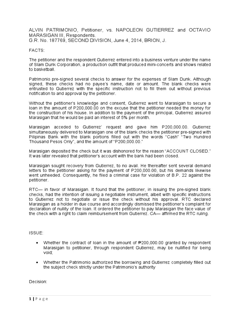 Loan Contract Nullification Case Summary | PDF | Cheque | Loans