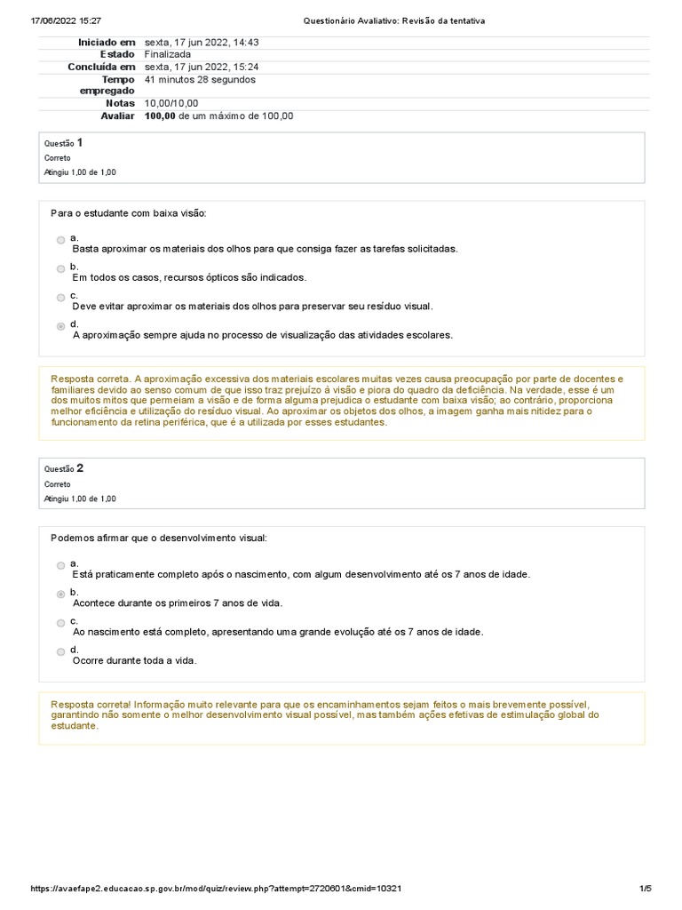 Módulo 1 Deficiência Visual - Questionário Avaliativo | PDF ...