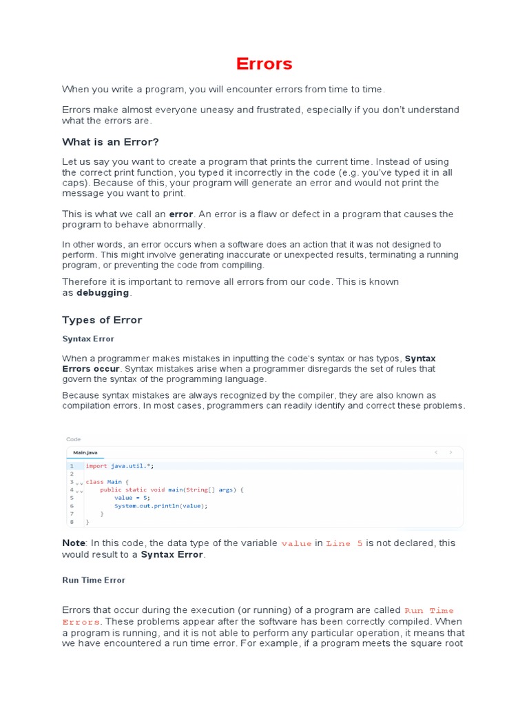 Different Types of Error in Programming | PDF | Data Type | Integer ...