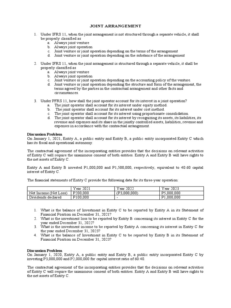 Joint Arrangement Discussion Problems PDF Joint Venture Investing
