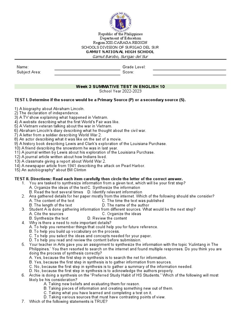 sUMMATIVE TEST WEEK 3 | PDF | Dialectic | Information