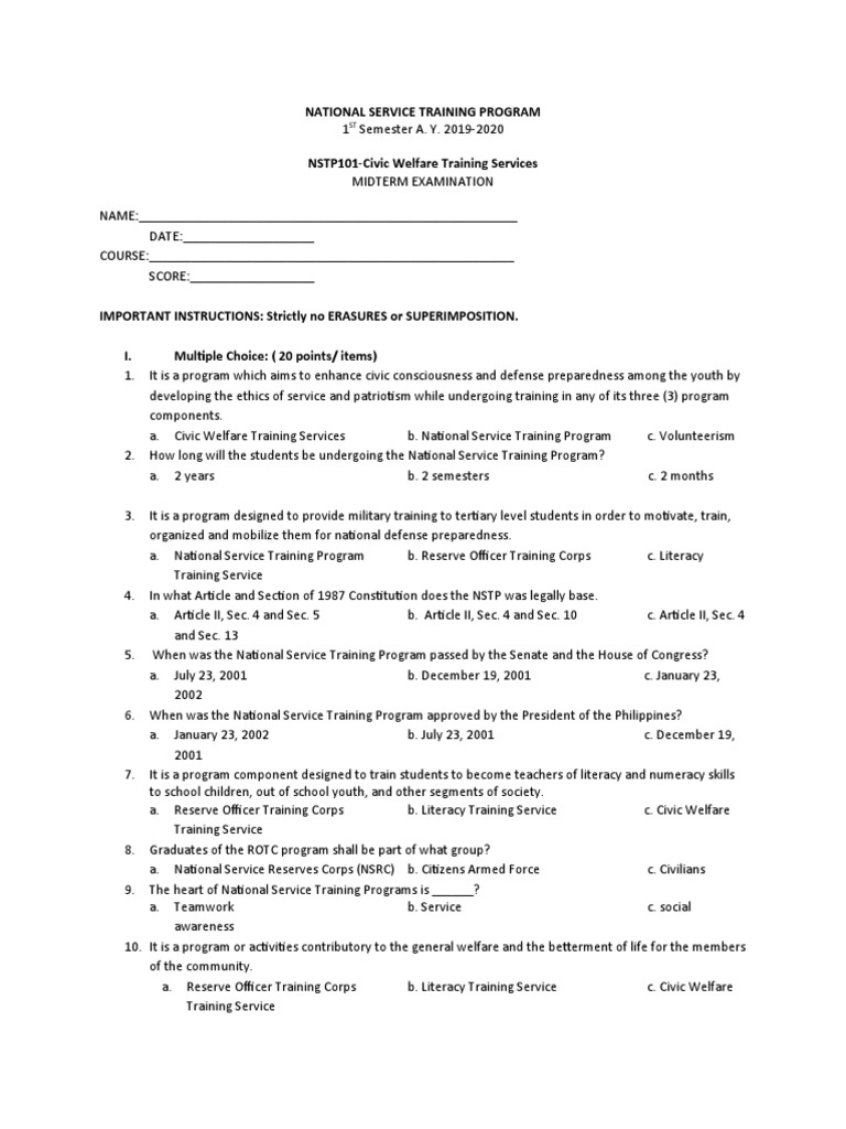 NSTP Overview and Midterm Exam Guide | PDF | Reserve Officers' Training ...