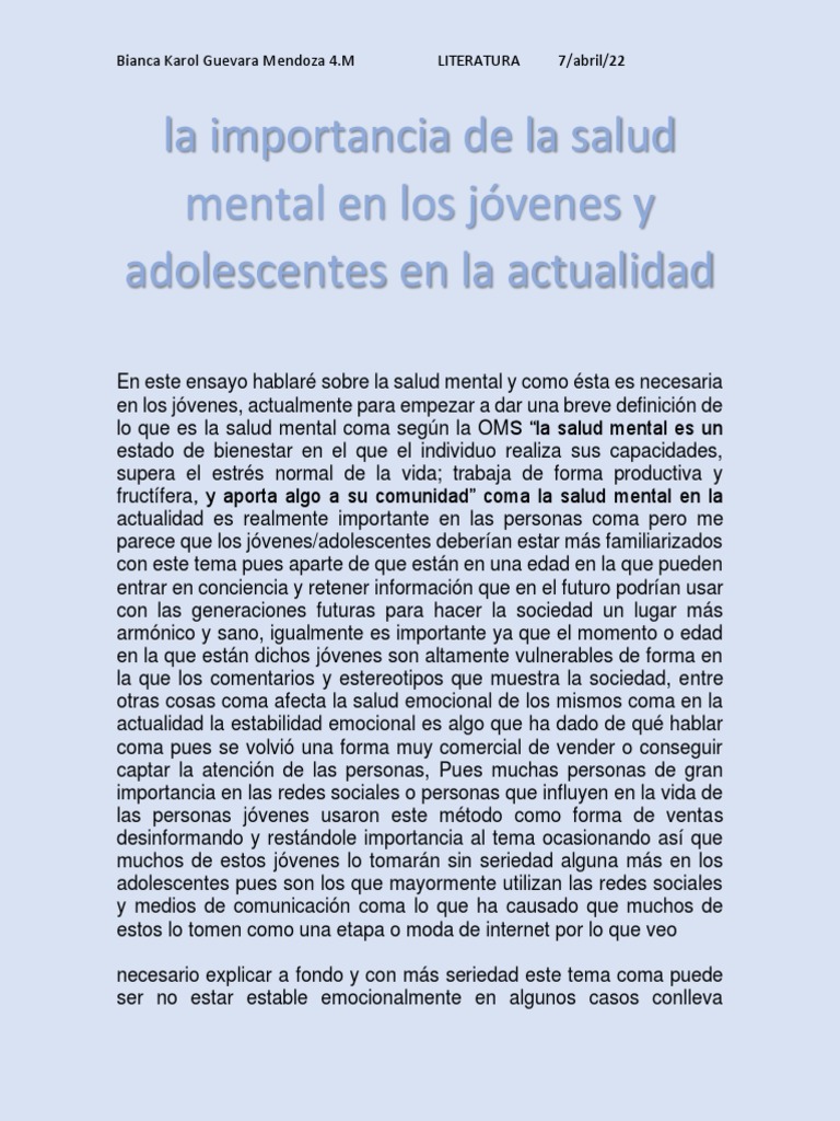 Importancia de la Salud Mental en Adolescentes | PDF | Salud mental ...