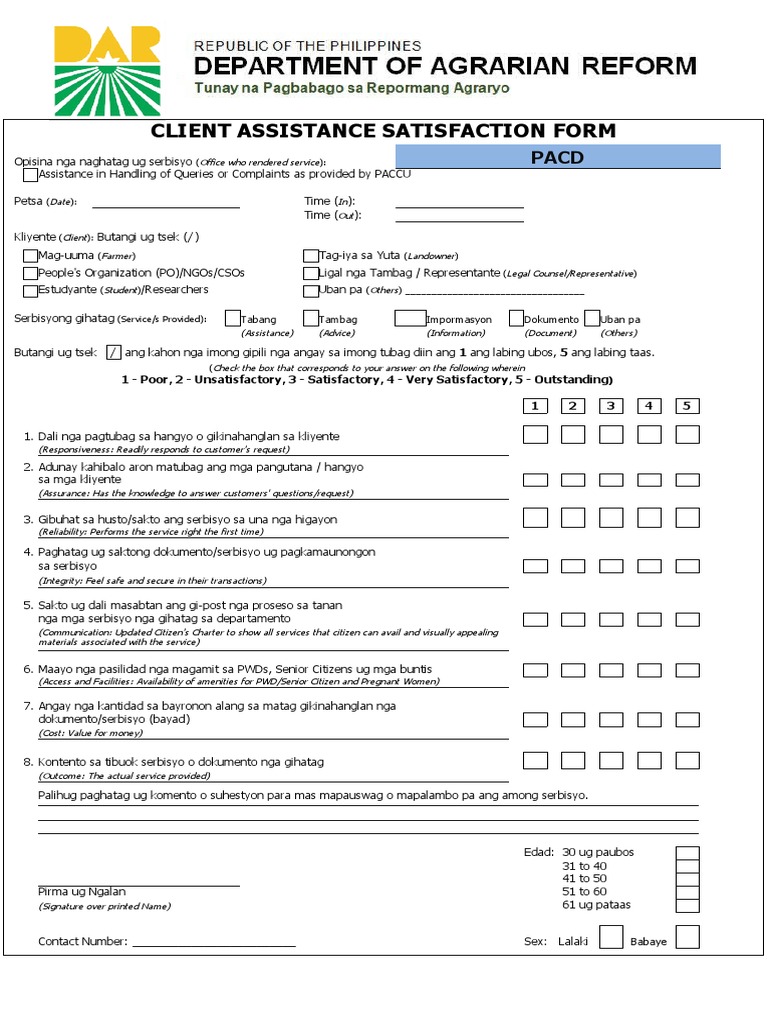 Client Assistance Satisfaction Form - DARPO Cebu - PACD | PDF