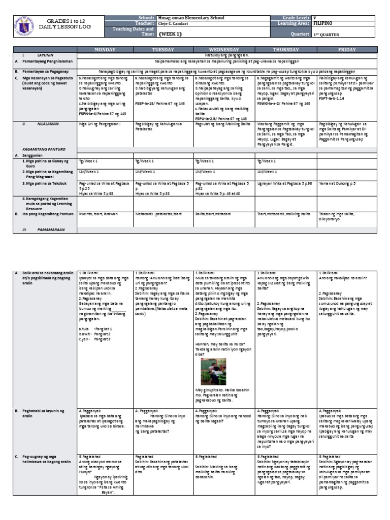 DLL Quarter 1 Week 1 FILIPINO 5 | PDF