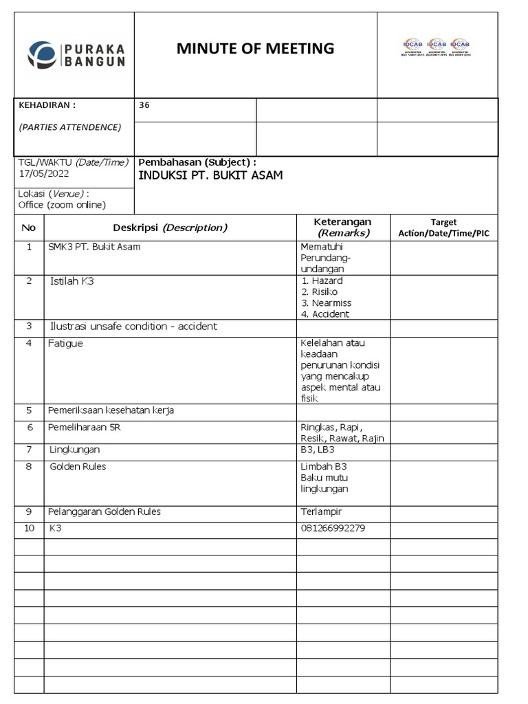 Induksi K3 PT. Bukit Asam | PDF