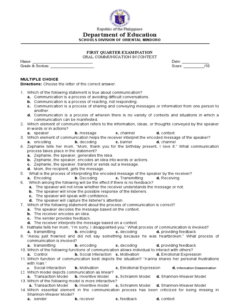 1st Quarter Exam - Oral Comm | PDF | Communication | Nonverbal ...