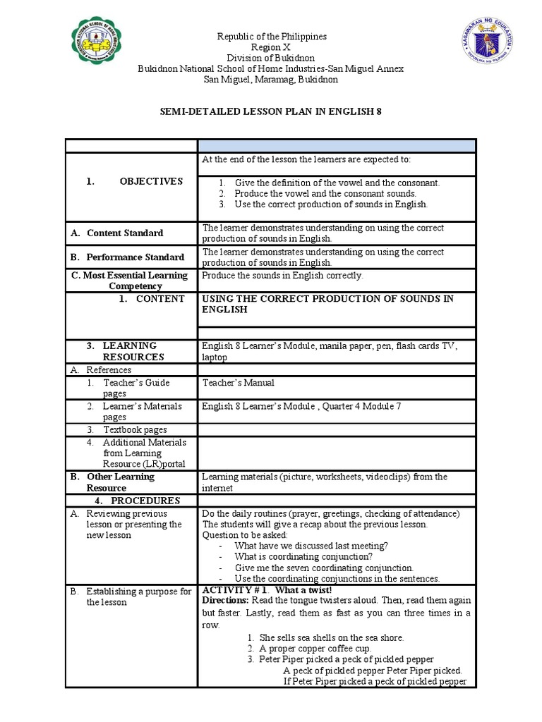 Semi-Detailed Lesson Plan On Correct Production of Sounds | PDF ...