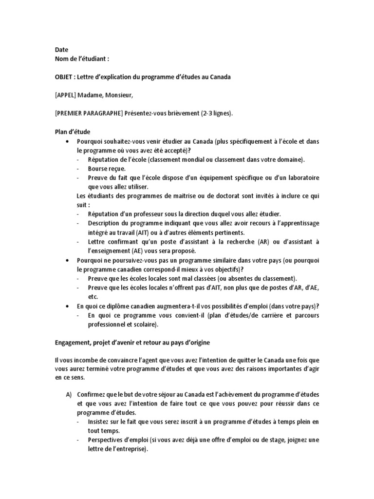 Modèle de lettre explicative pour visa étudiant | PDF | Évolution de ...