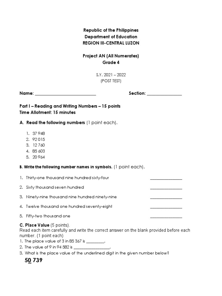 Grade 4 Project An Assessment Tool Post Test Pdf Mathematics