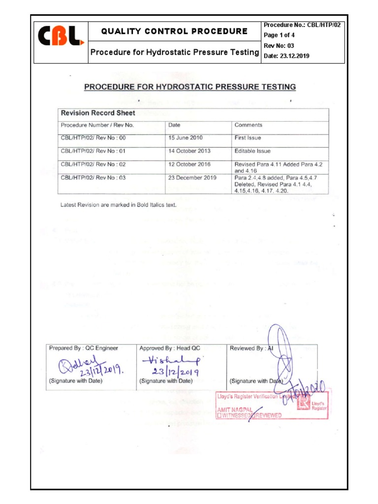 Hydrostatic Pressure Testing Procedure | PDF | Equipment | Building ...