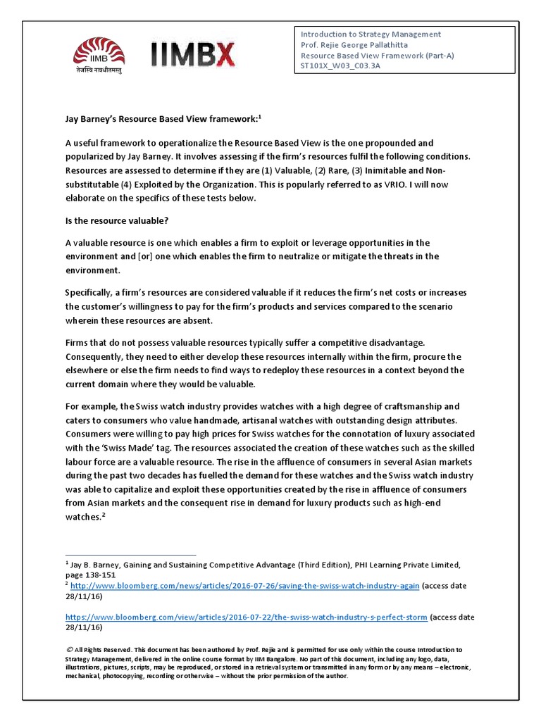 Jay Barney's Resource Based View Framework | PDF | Business | Economies