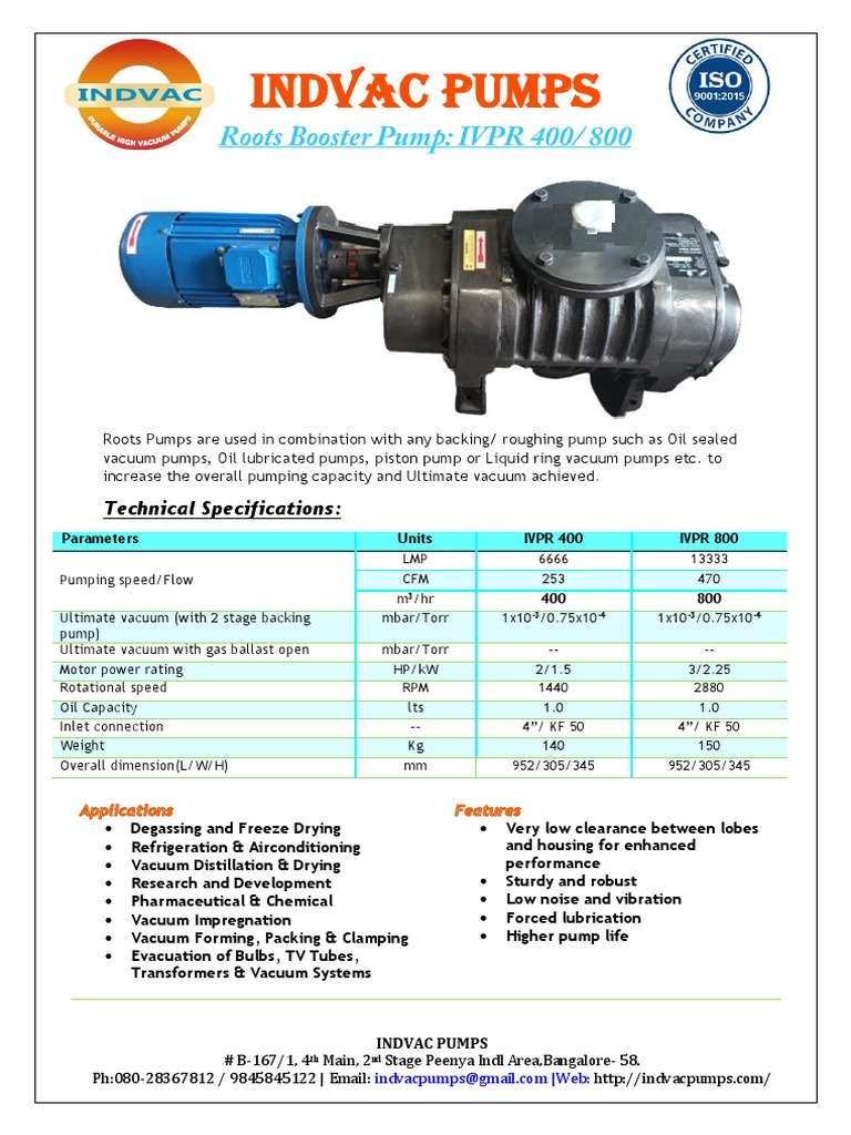 INDVAC Roots Booster Pump - Product Catalog | PDF