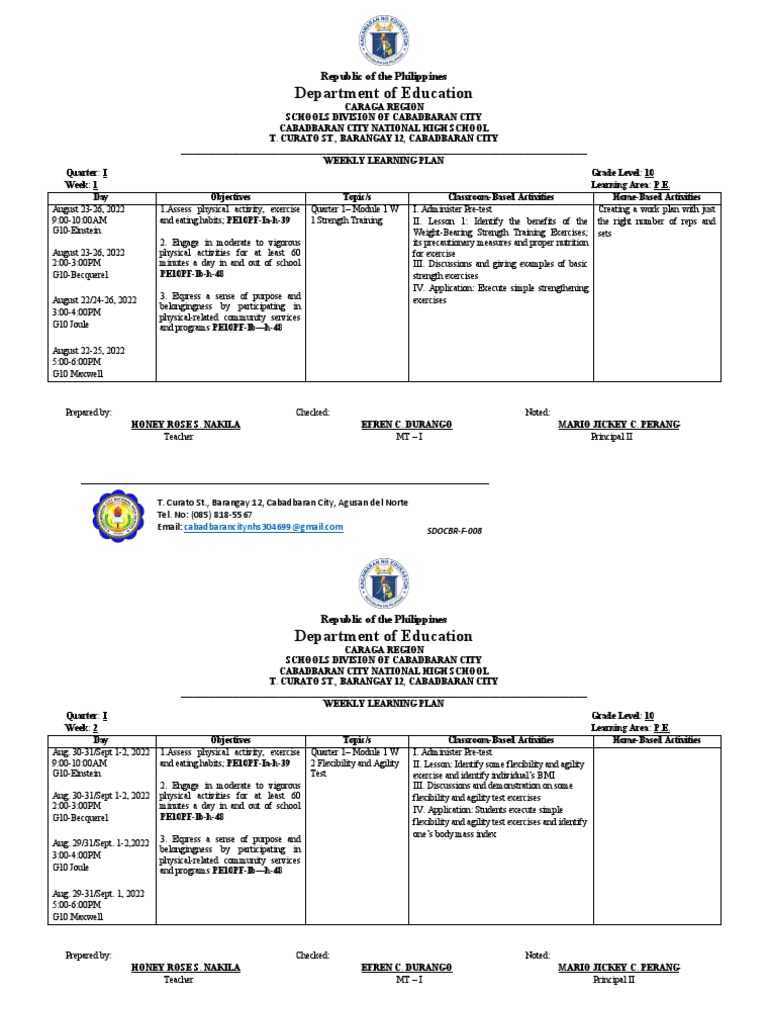 Weekly Learning Plan for Grade 10 P.E. | PDF | Physical Education ...
