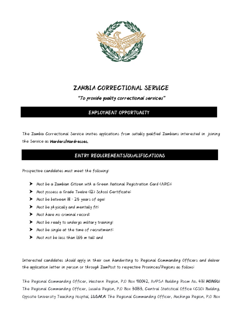 Zambia Correctional Services Recruitment Advertisements PDF