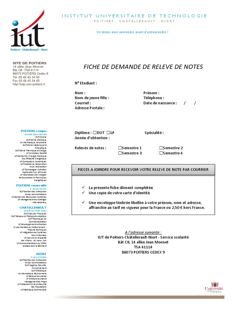 Demande de relevé de notes IUT Poitiers | PDF | Technologie et ingénierie
