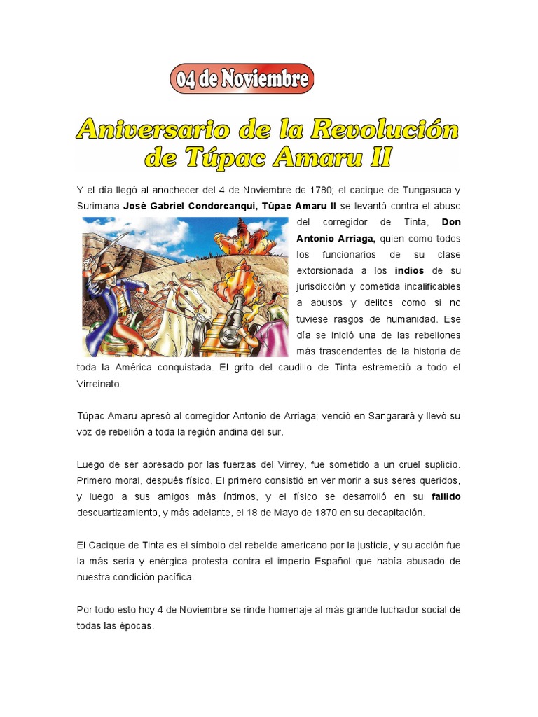 4 DE NOVIEMBRE - Aniversario de La Revolución de Túpac Amaru II. | PDF ...