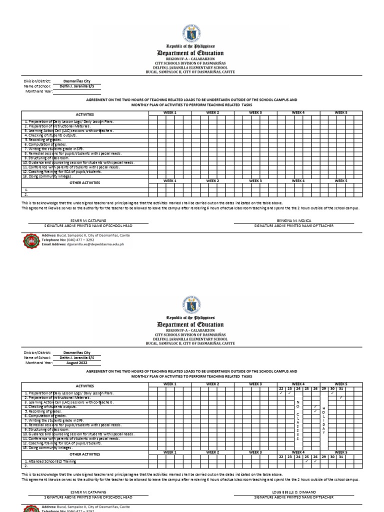 6 Hrs Agreement Form | PDF | Teachers | Lesson Plan