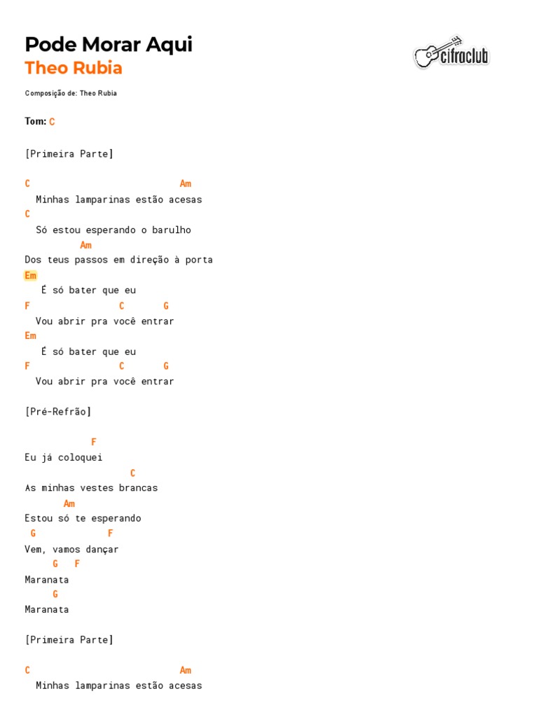 Cifra Club Theo Rubia Pode Morar Aqui PDF Músicas Música gravada