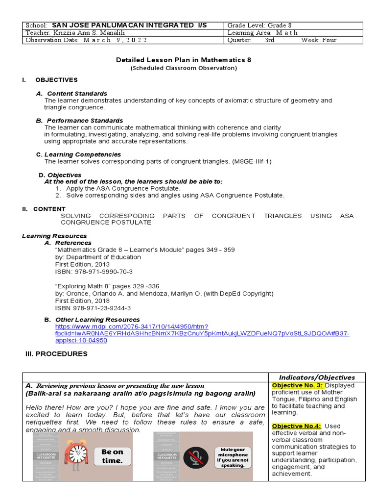 DLP Cot 1 Math8 PDF Mathematics Geometry