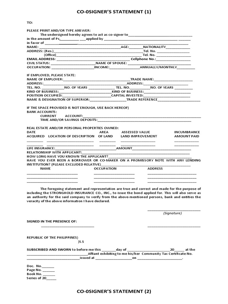 Co-Signer's Statement Template | PDF | Banks | Banking