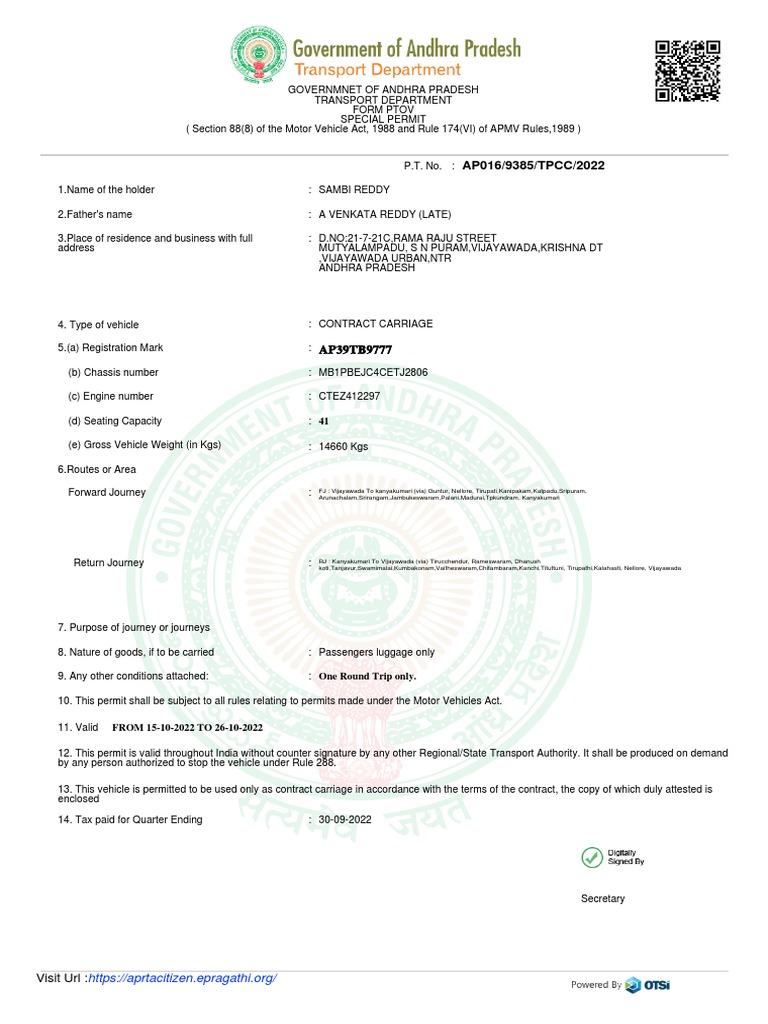Application for Special Permit to Operate a Contract Carriage from