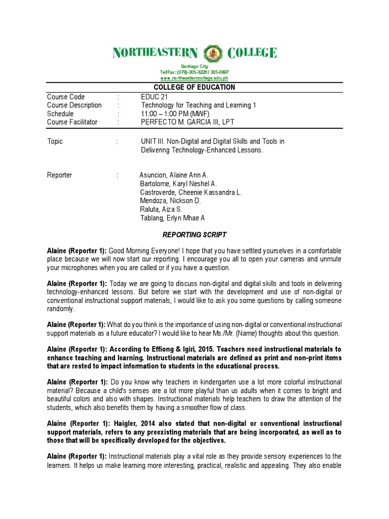 D82 - Educ 21 Group 3 (Reporting Script) | PDF | Teaching Method | Learning