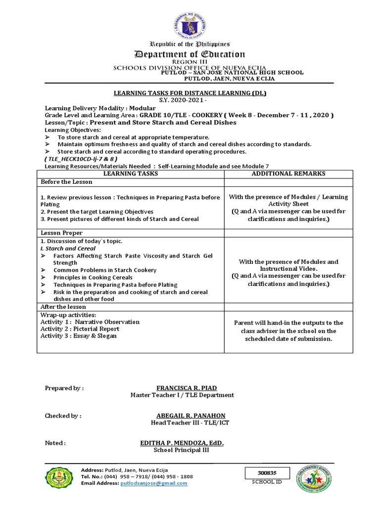 Grade 10 TLE Cookery Learning Tasks | PDF | Cooking | Starch