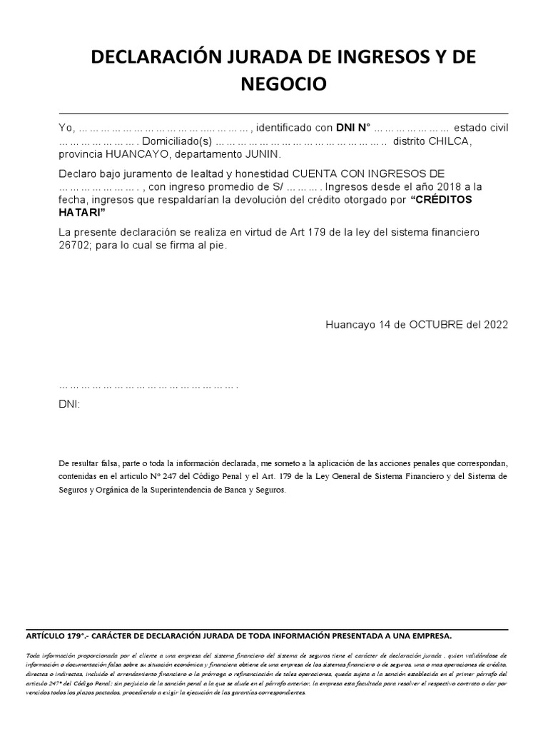Declaración Jurada de Ingresos y Negocio | PDF