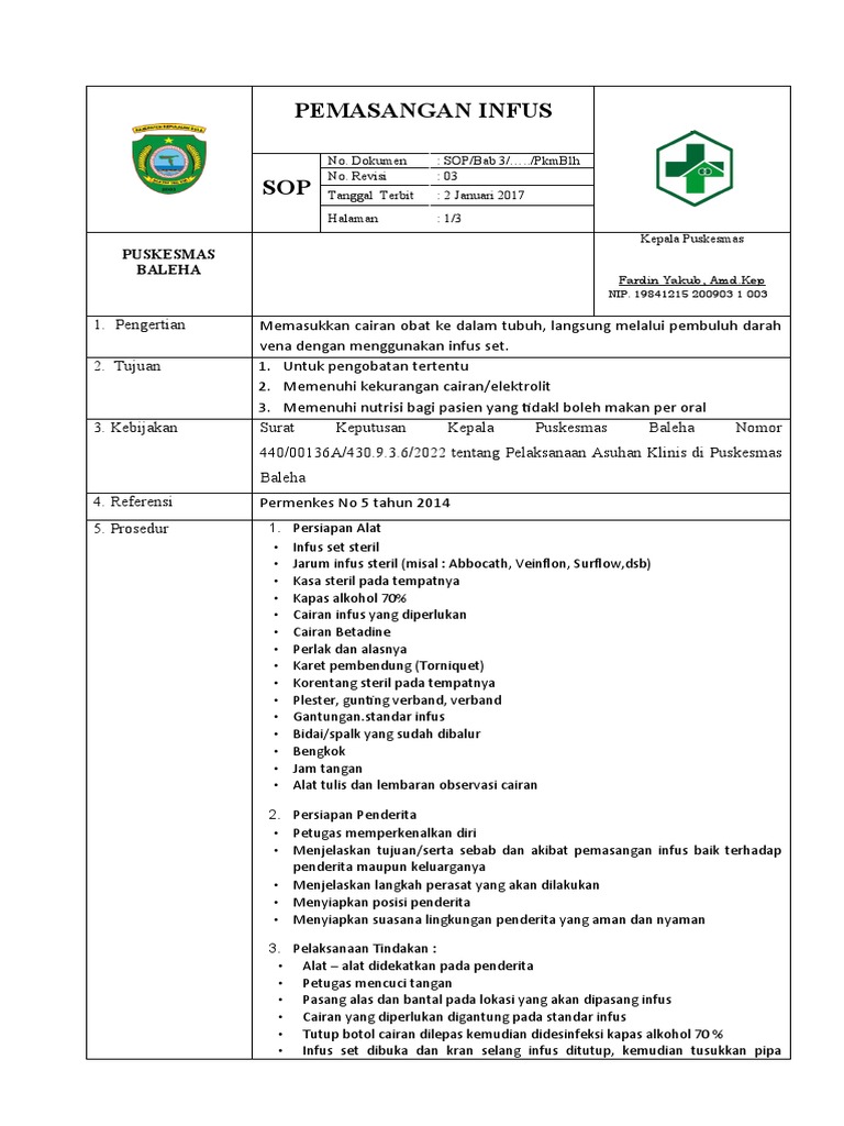 SOP Pemasangan Infus di Puskesmas | PDF | Sains & Matematika