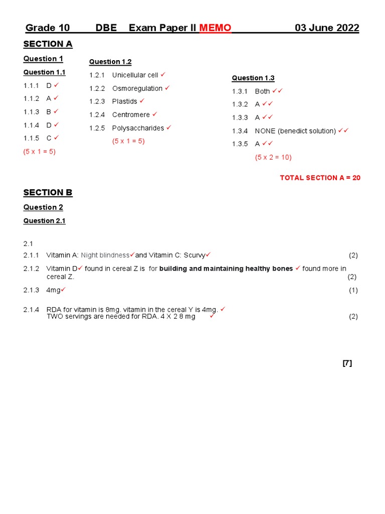 Grade 10 Biology Exam Key and Marking Memo PDF