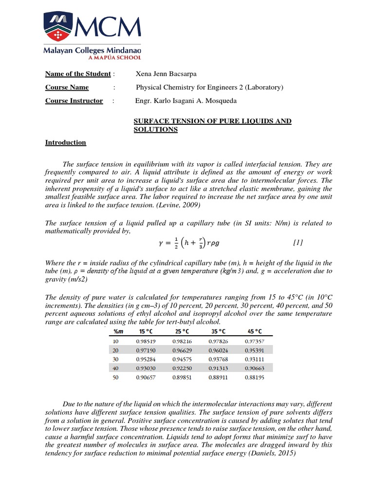 SURFACE TENSION OF PURE LIQUIDS AND SOLUTIONS Lab Report (Bacsarpa, XJ