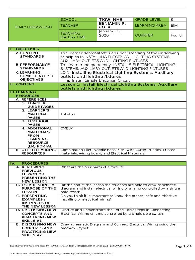 Grade 9 Electrical Wiring Lesson Plan | PDF | Learning | Rubric (Academic)